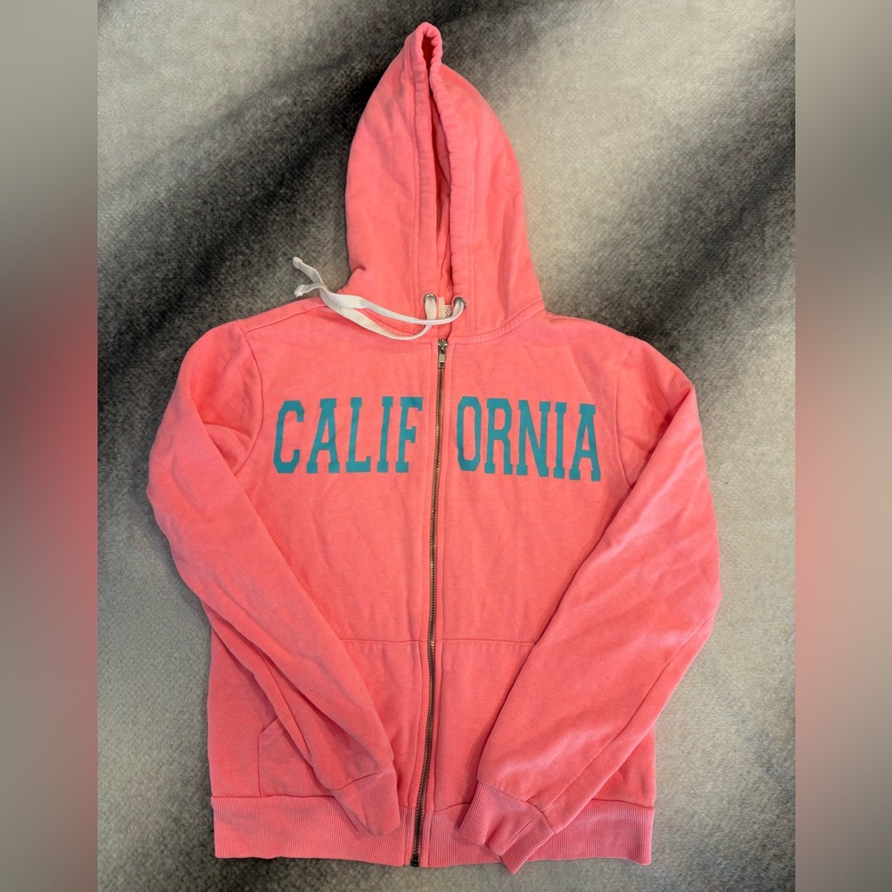 Forever 21 'California' Print Neon Pink Zip Comfy Hoodie Jacket Small S 4 6 (A8)
